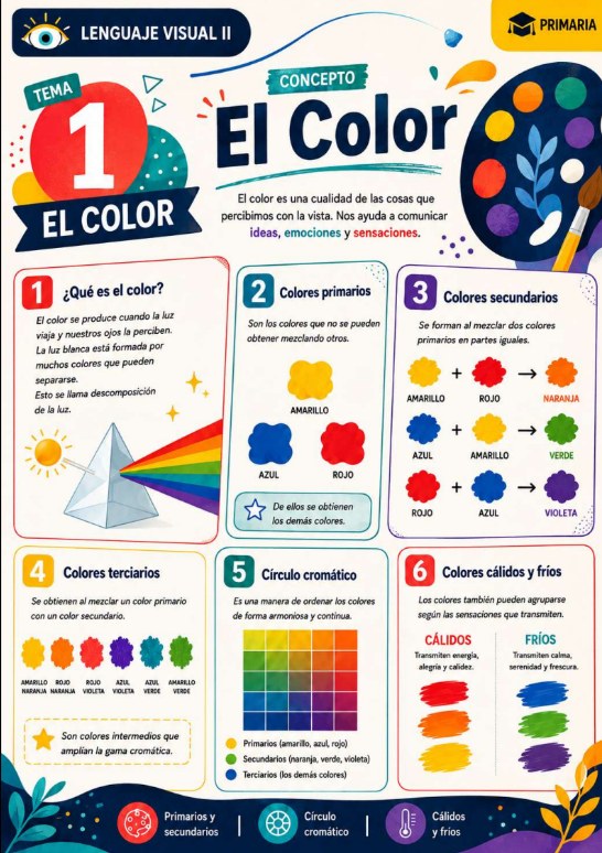Página interior del tema El Color, con colores primarios, secundarios, terciarios y círculo cromático.